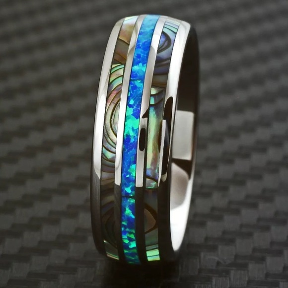 👑8MM wide tungsten abalone Hawaiian blue opal - Picture 1 of 5
